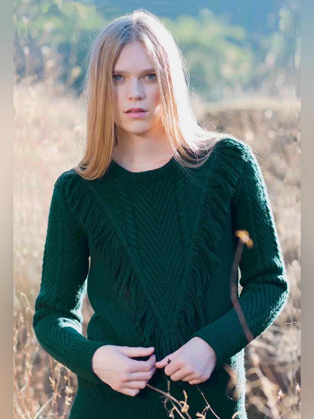 Heritage Wool Knit Sweater Small Tempest + Bentley Sustainable Green Fringe USA